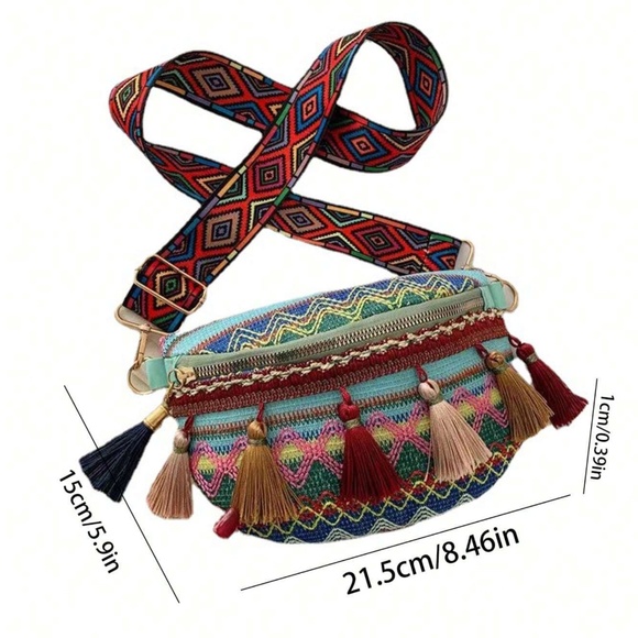 Western Multicolor Embroidered Tassel Detail Zip up Sling Crossbody Bag - Picture 4 of 6